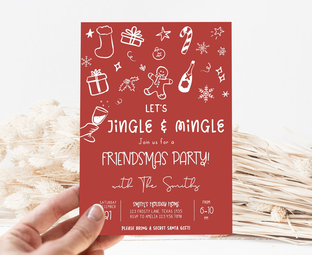 Festive red Friendsmas invitation with gingerbread and candy cane design