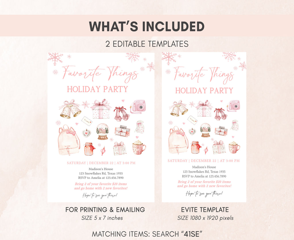 Elegant holiday party card with snowflakes and gifts