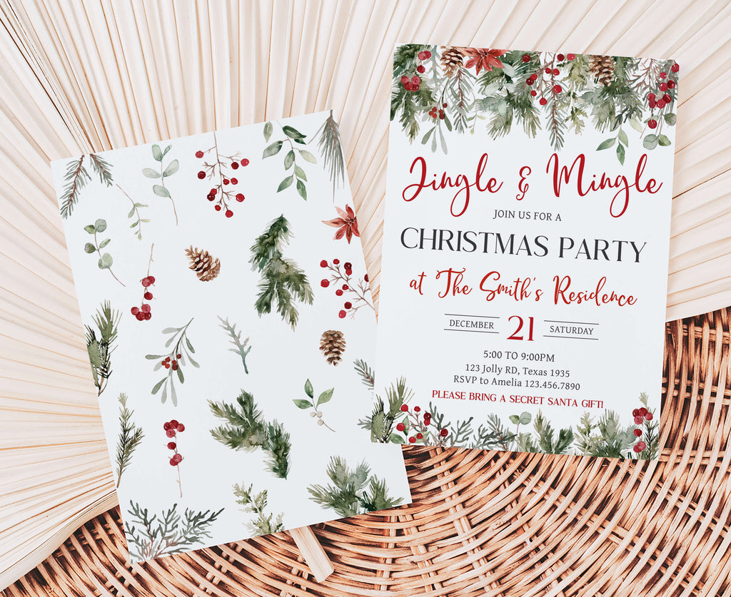 Rustic pinecone and holly holiday party invite design