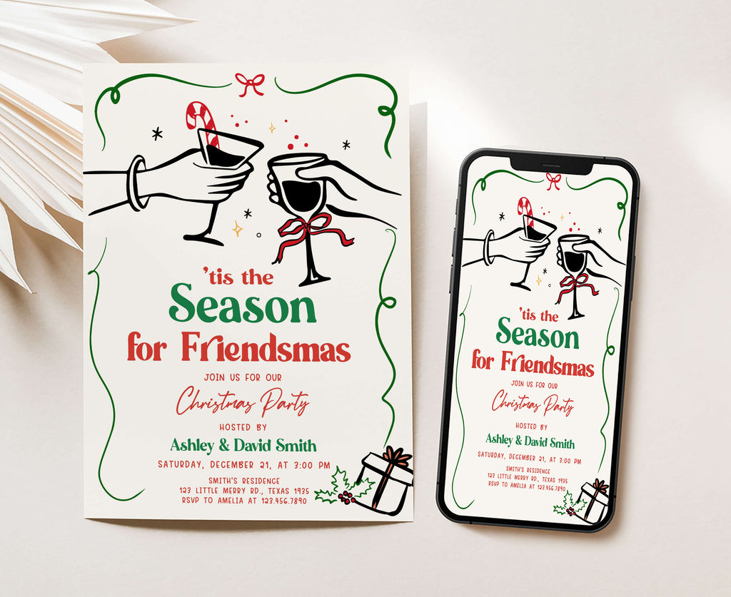 Modern Christmas holiday invite with seasonal greenery border