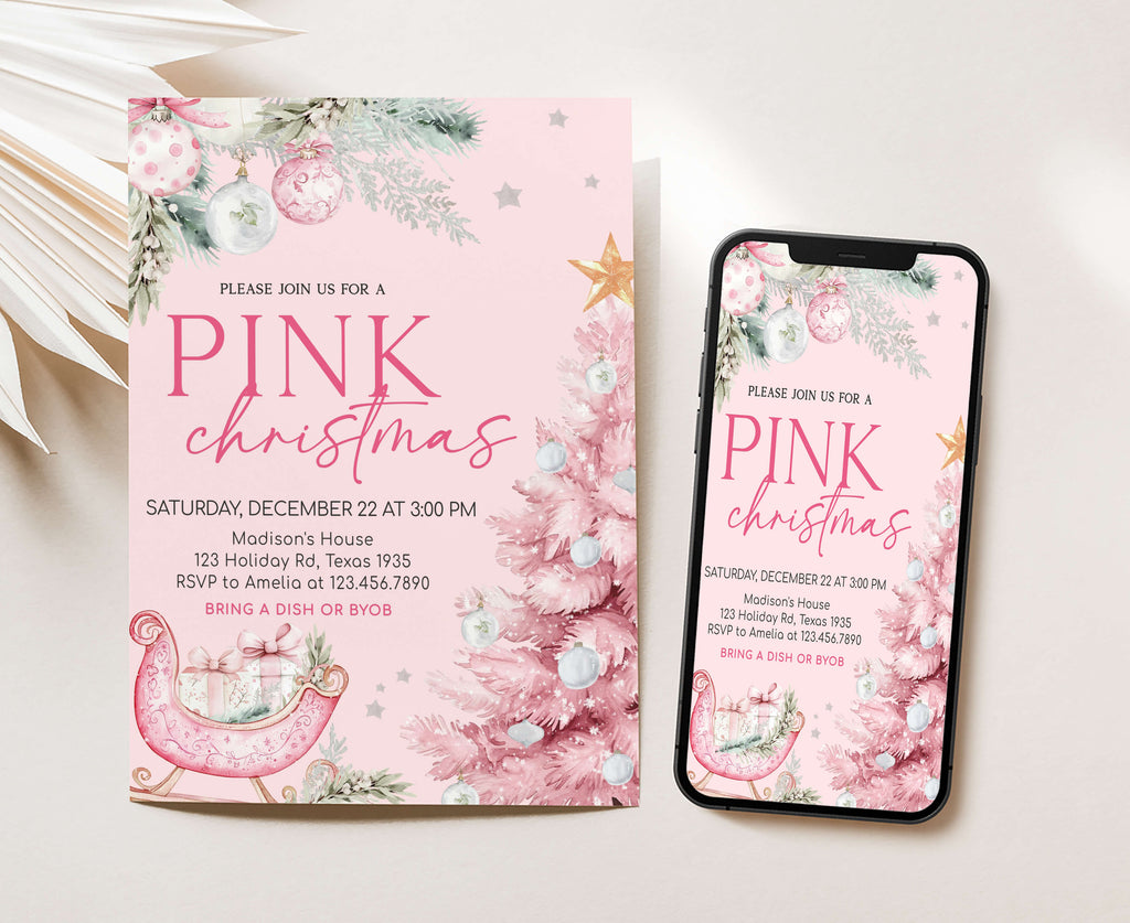 Modern pink holiday party invite with watercolor design