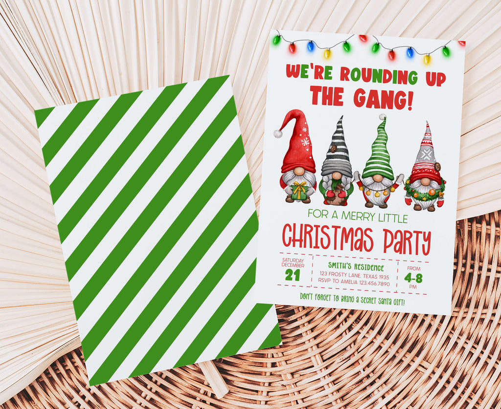 Cute holiday invitation featuring festive gnomes and colorful lights