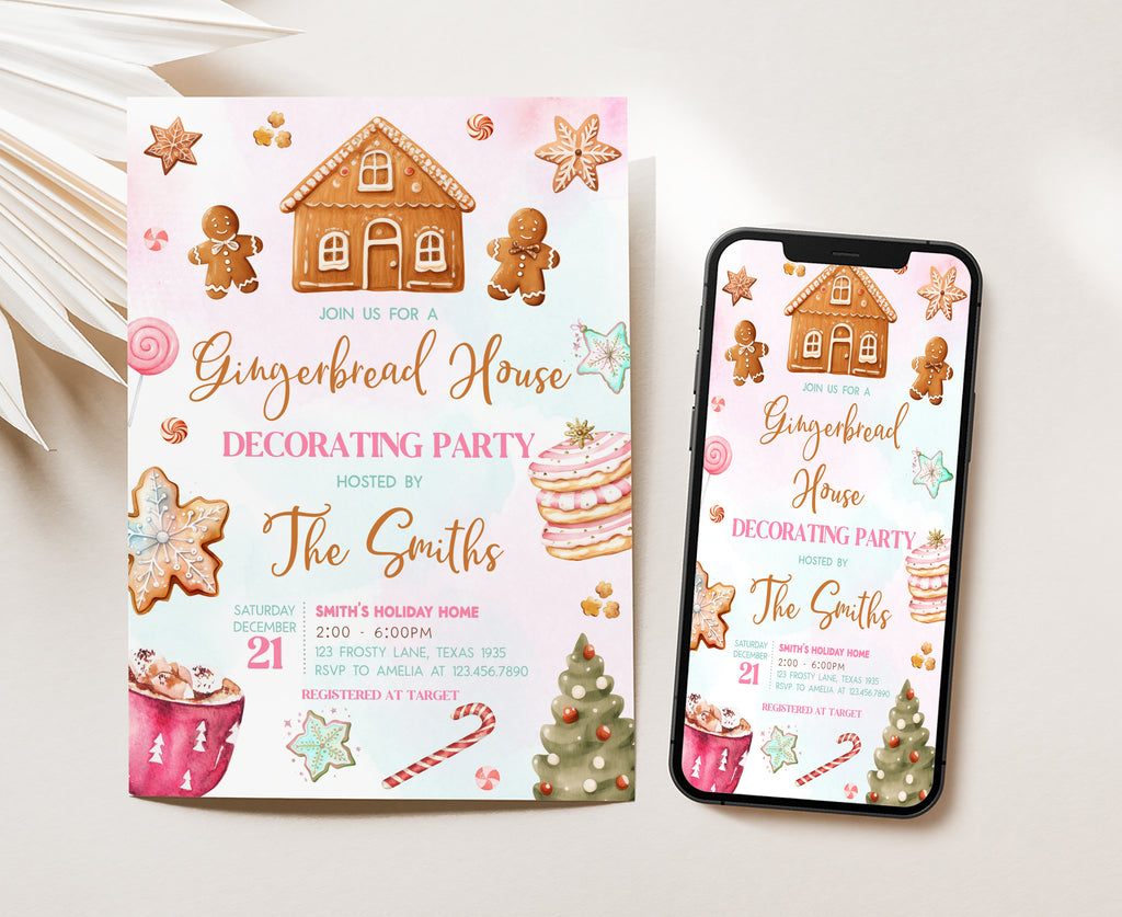 Festive Christmas invitation with gingerbread house design