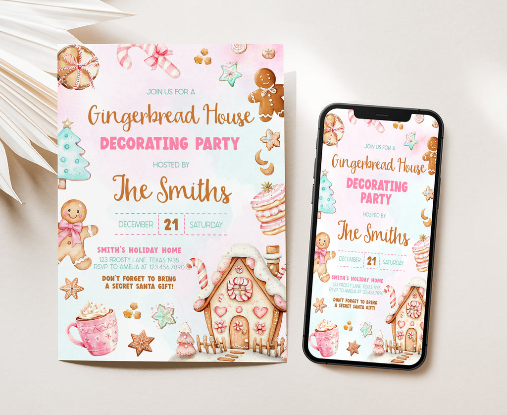 Cute pink Christmas party invite with hot cocoa and gingerbread house