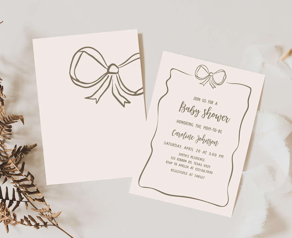 Baby shower invitation with a bow design on a light background