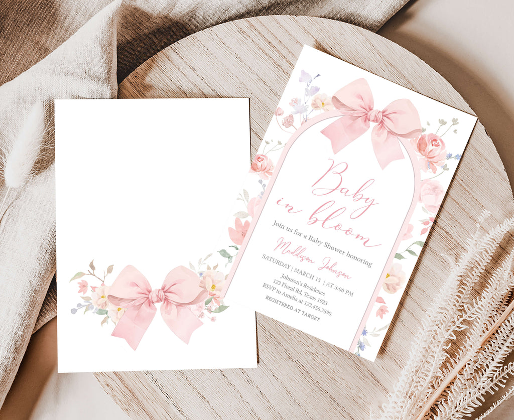 Pink bow floral baby girl shower invite printable, floral arch baby girl shower invitation for spring theme