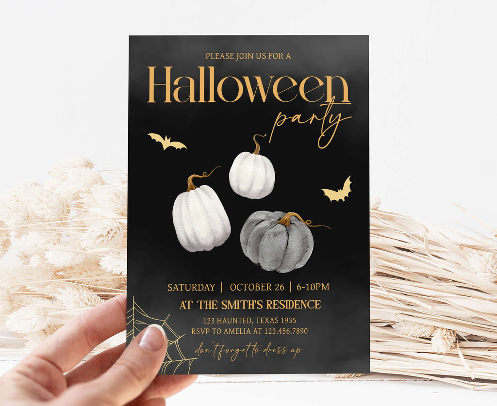 Minimalist Halloween invitation with white and grey pumpkins