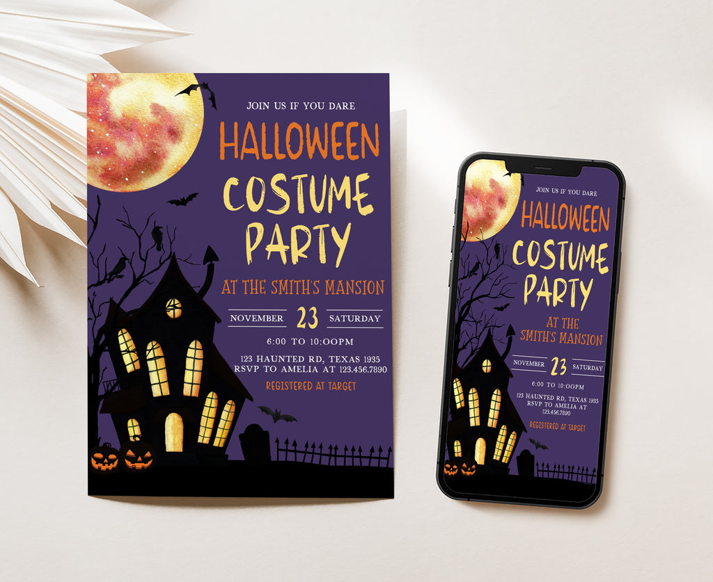 Unique haunted house Halloween invitation featuring pumpkins and graveyard