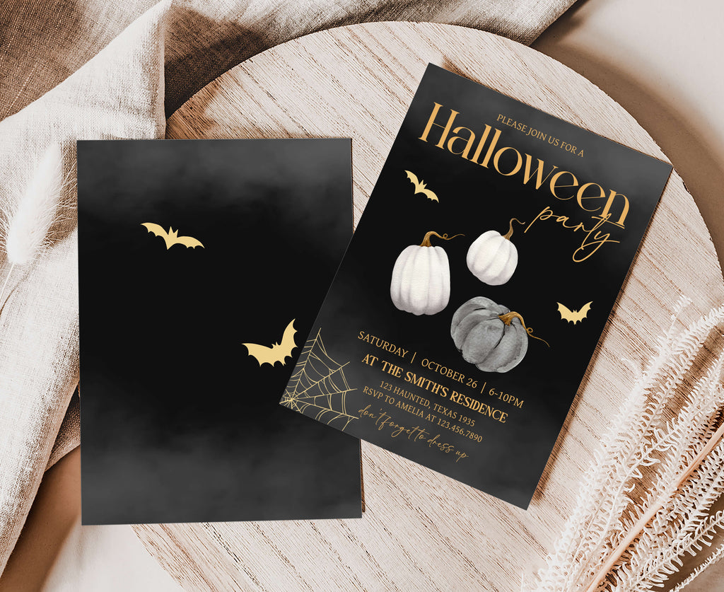 Printable spooky party invite featuring bats and pumpkins
