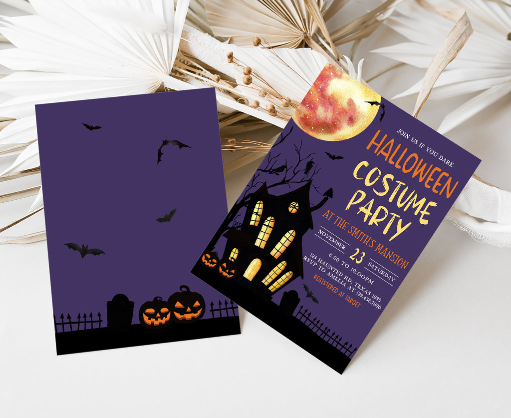 Printable spooky graveyard Halloween party card for costume events