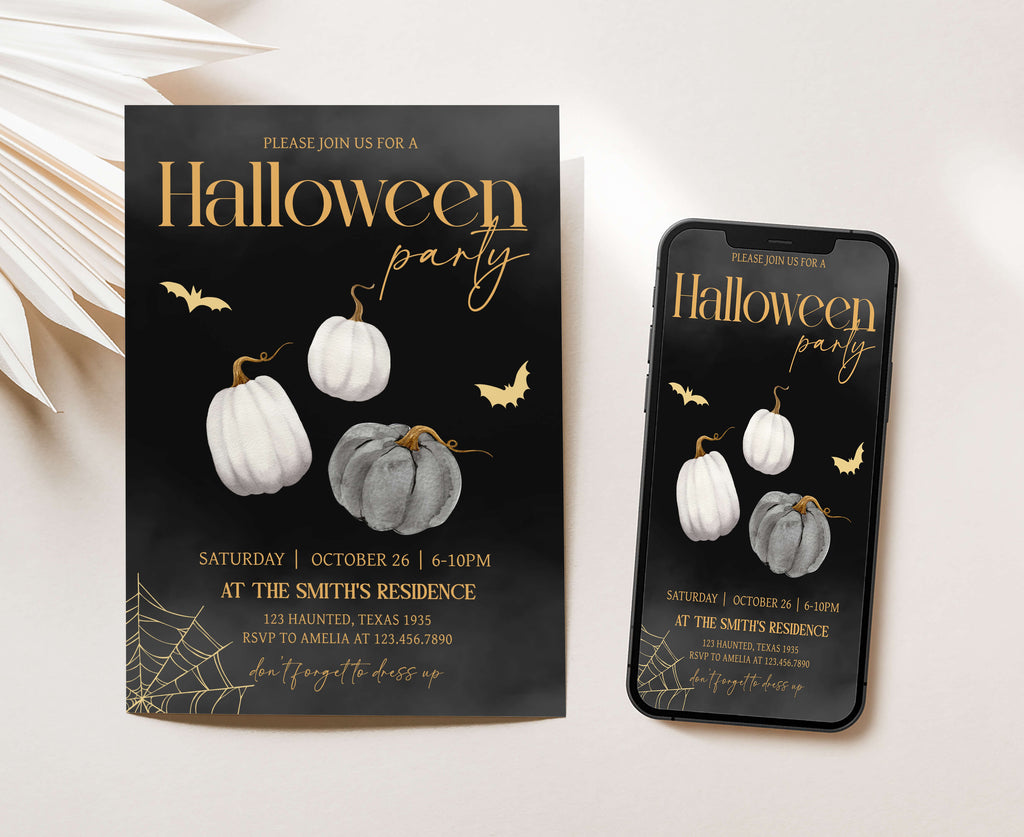 Elegant Halloween stationery with gold lettering and spiderweb