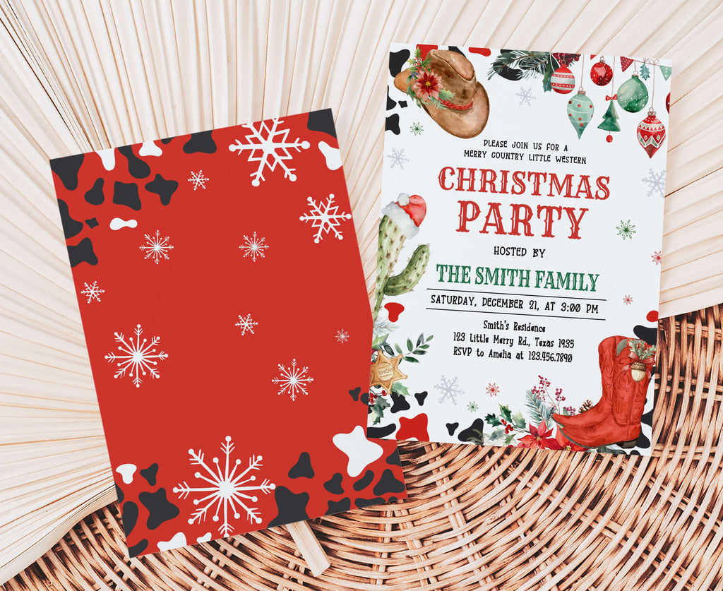 Rustic western holiday party invite with cowboy hat and ornaments