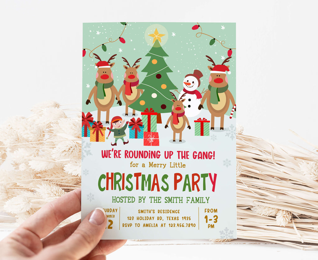 Cute reindeer and elf Christmas invitations for holiday parties