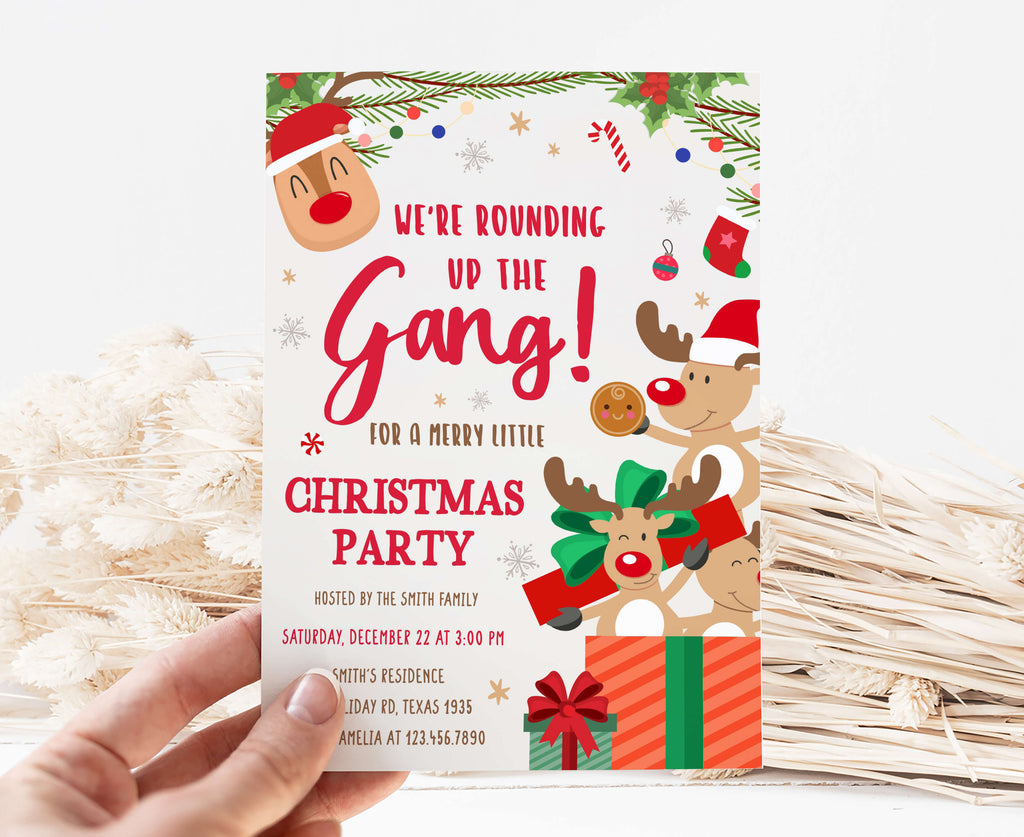 Playful reindeer Christmas party invitations with holiday gifts