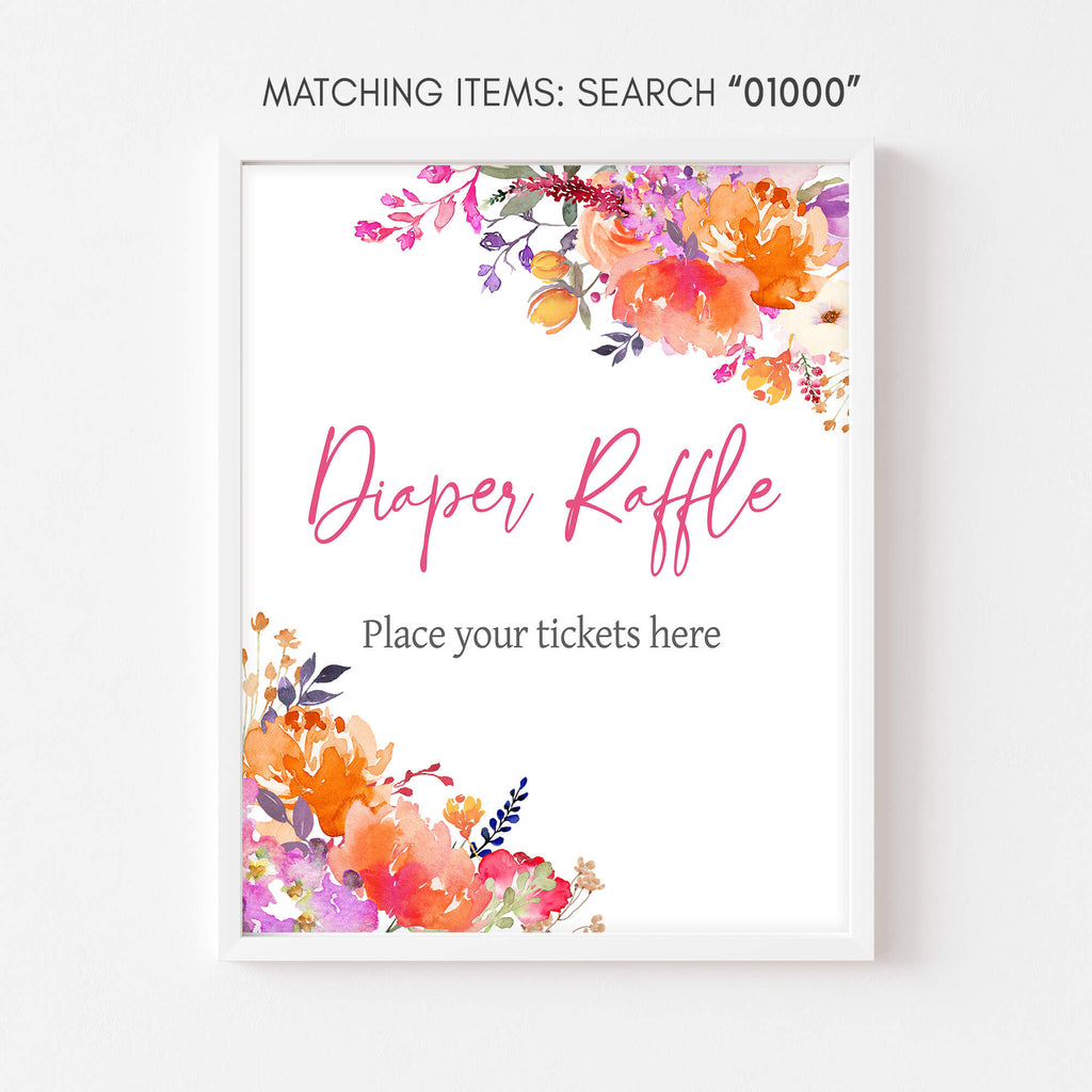 Spring floral baby girl diaper raffle sign for baby shower, bloom theme decor