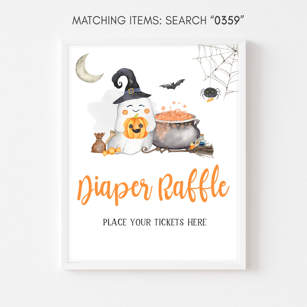 Halloween baby shower diaper raffle sign with ghost and pumpkin design, gender neutral printable