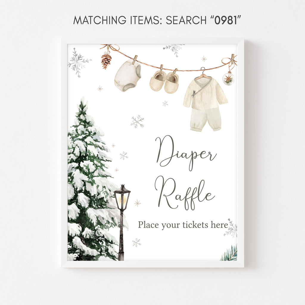 Rustic Christmas baby shower diaper raffle sign, neutral holiday printable with winter pine accents
