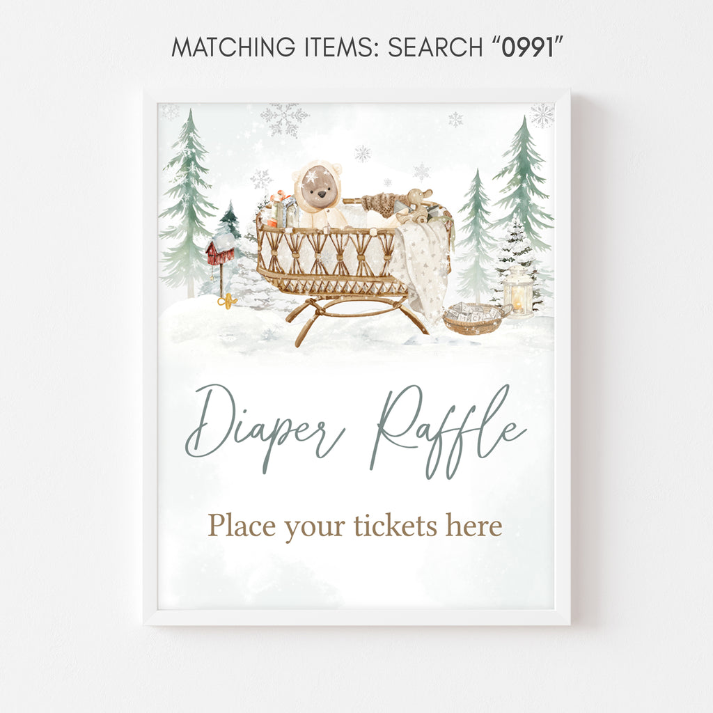 Rustic winter baby shower diaper raffle sign, gender neutral woodland snowy printable