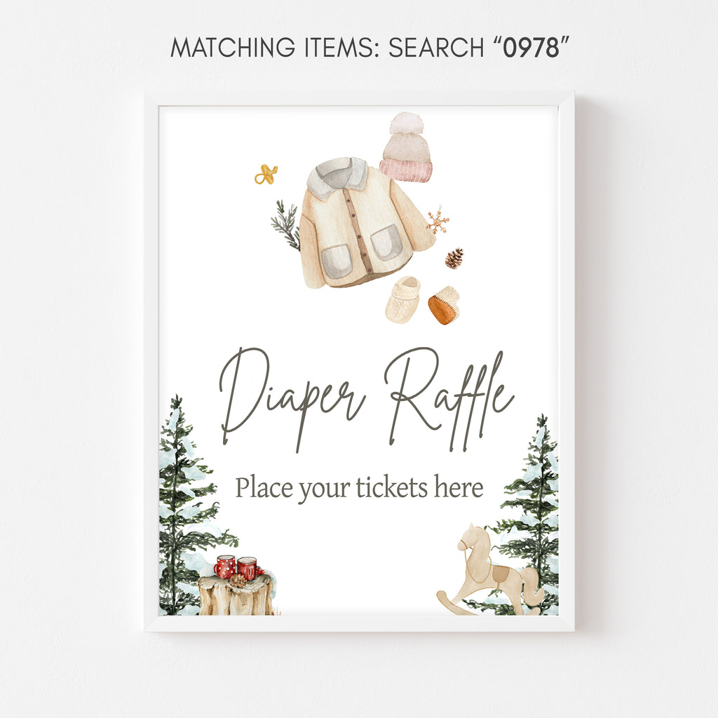 Winter baby shower diaper raffle sign, rustic woodland design