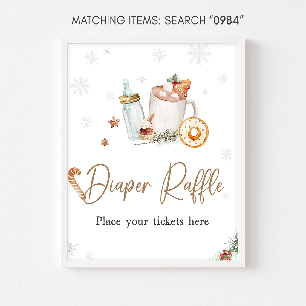 Winter baby shower diaper raffle sign, snowflake hot cocoa design, gender neutral style