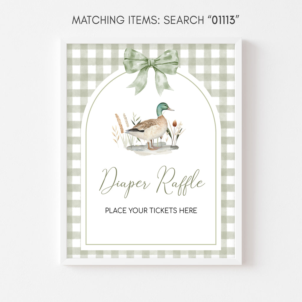 Sage green duck baby shower diaper raffle sign, neutral rustic printable