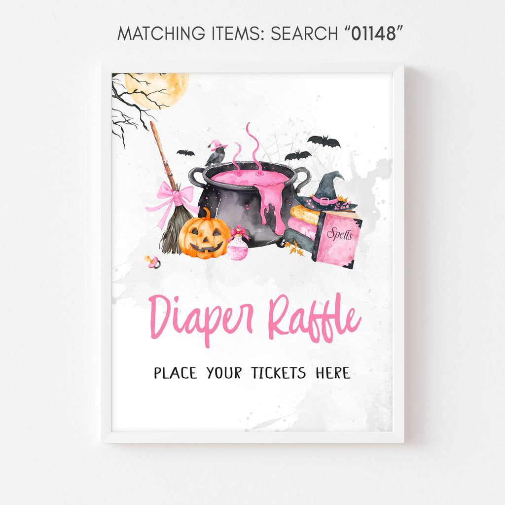 Diaper raffle sign for girl, pink pumpkin and witch cauldron Halloween baby shower table sign