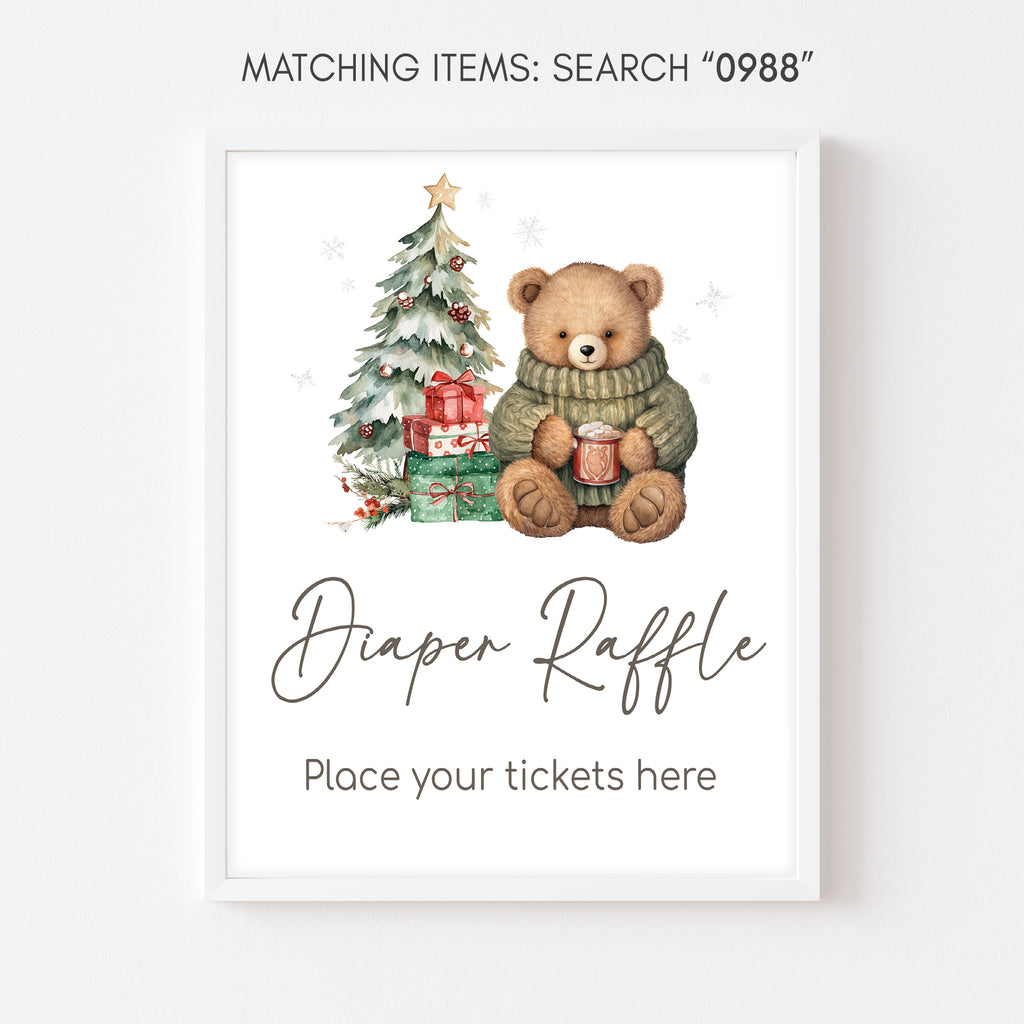 Christmas teddy bear diaper raffle sign, festive holiday baby shower printable