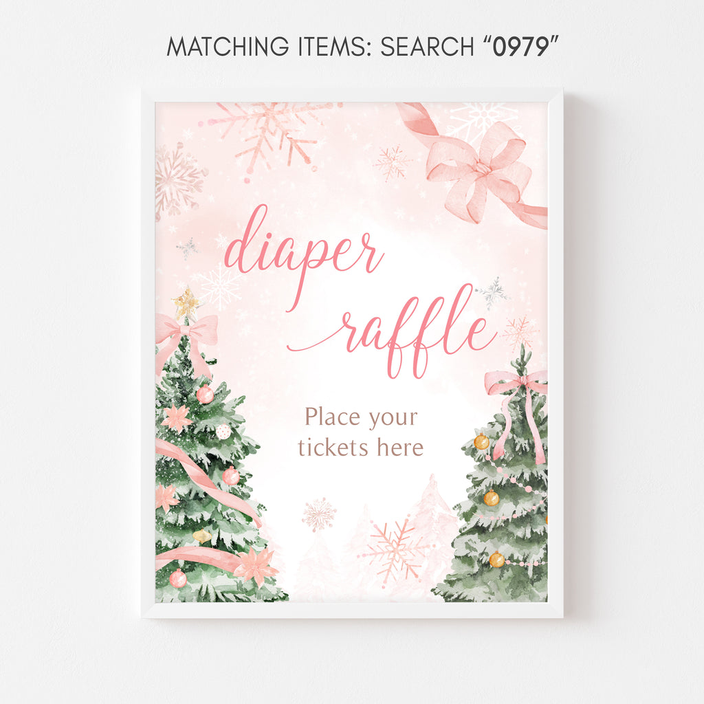 Pink winter wonderland diaper raffle sign, Christmas baby shower printable for girls