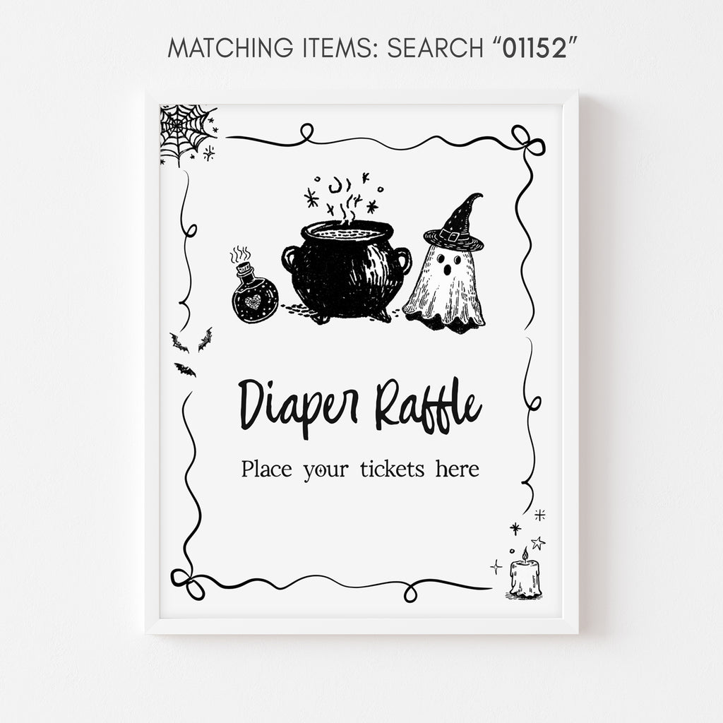 Halloween diaper raffle sign, spooky brewing baby shower décor, ghost and cauldron