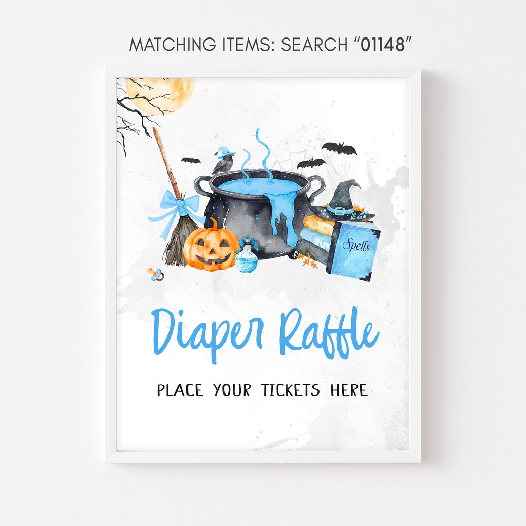 Diaper raffle sign for boy, blue pumpkin and witch cauldron Halloween baby shower table sign