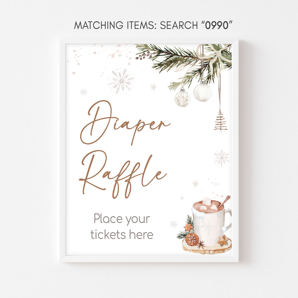 Printable Christmas baby shower diaper raffle sign with festive greenery