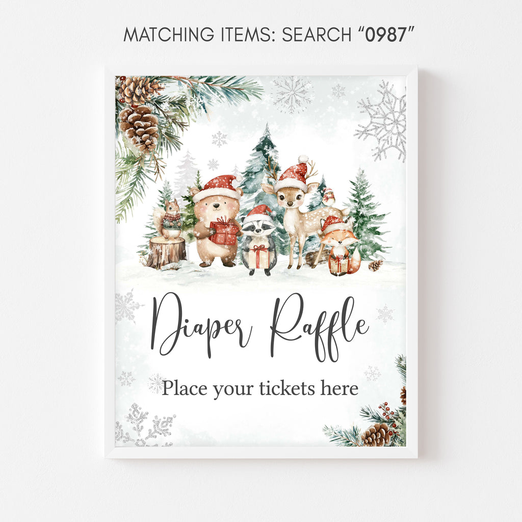 Woodland Christmas baby shower diaper raffle sign with rustic forest animals, neutral gender holiday baby shower raffle sign, woodland winter party décor