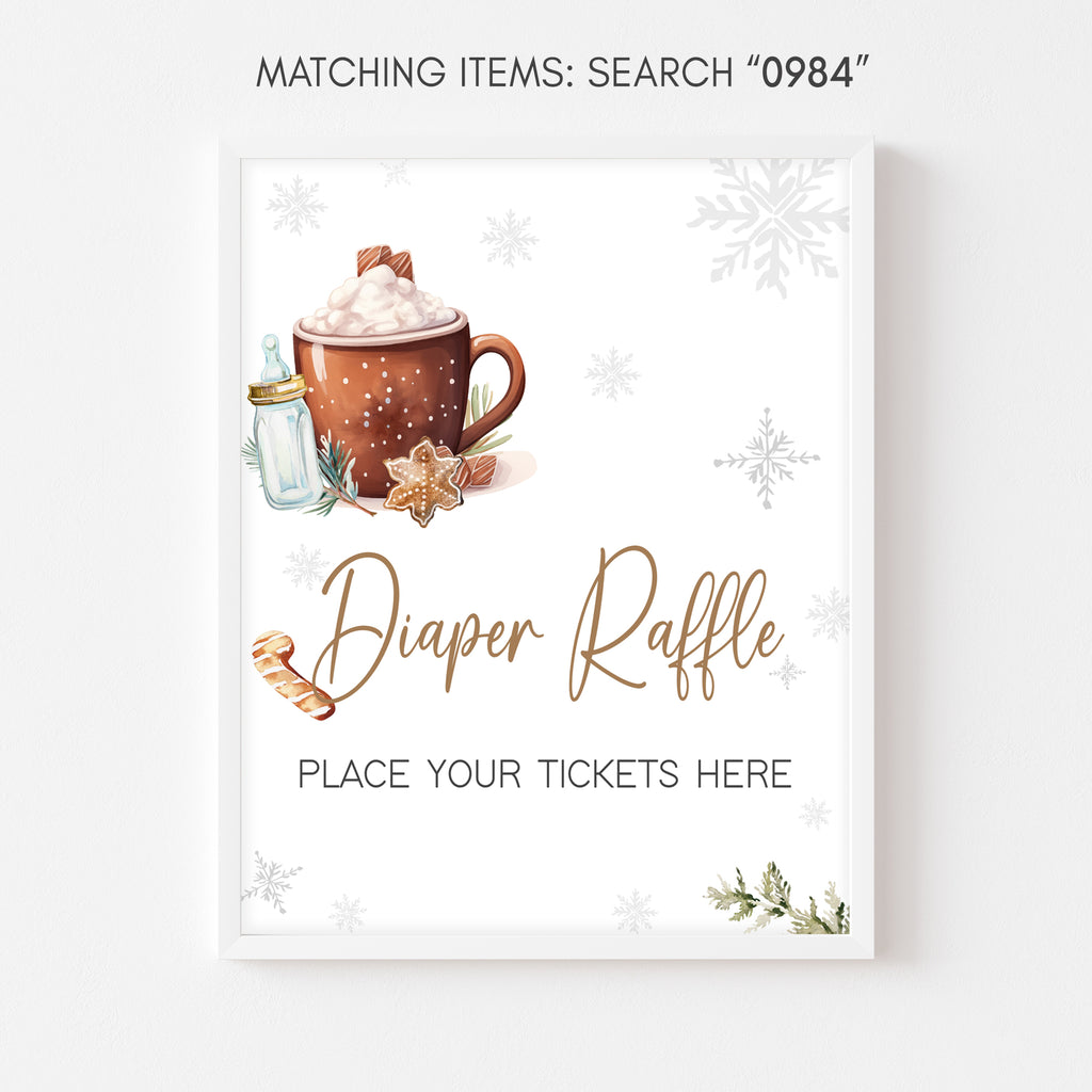 Winter baby shower diaper raffle sign, gender neutral snowflake and hot chocolate printable decor
