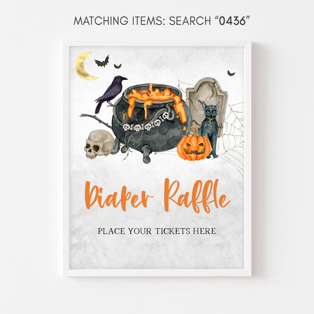 Halloween baby shower diaper raffle sign with witch cauldron theme