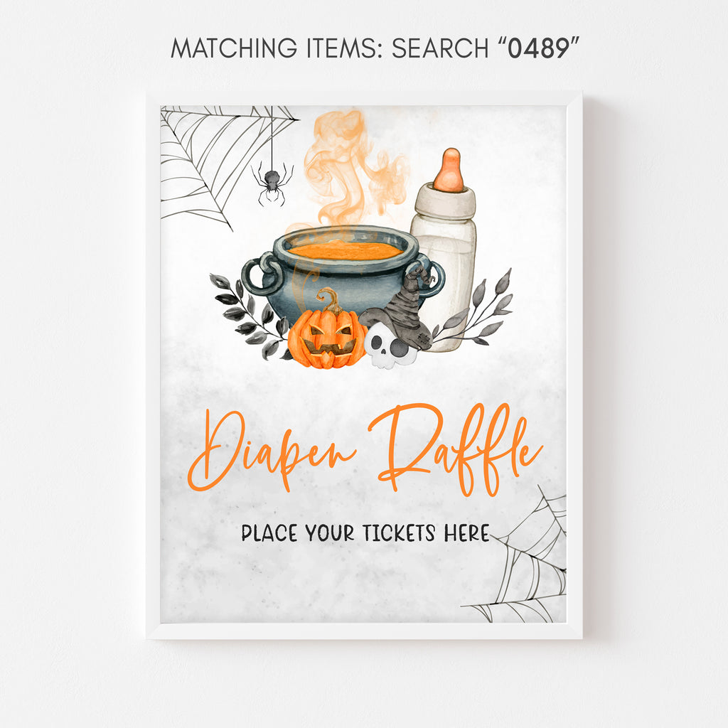 Halloween baby shower Diaper Raffle sign with pumpkin and witch cauldron, fall gender neutral party decor
