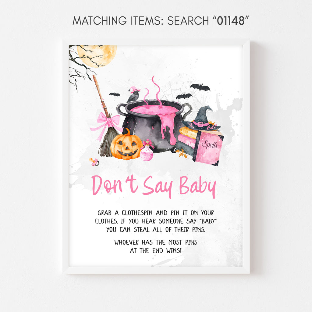 Don’t say baby sign, pink Halloween baby shower pumpkin and cauldron party game sign