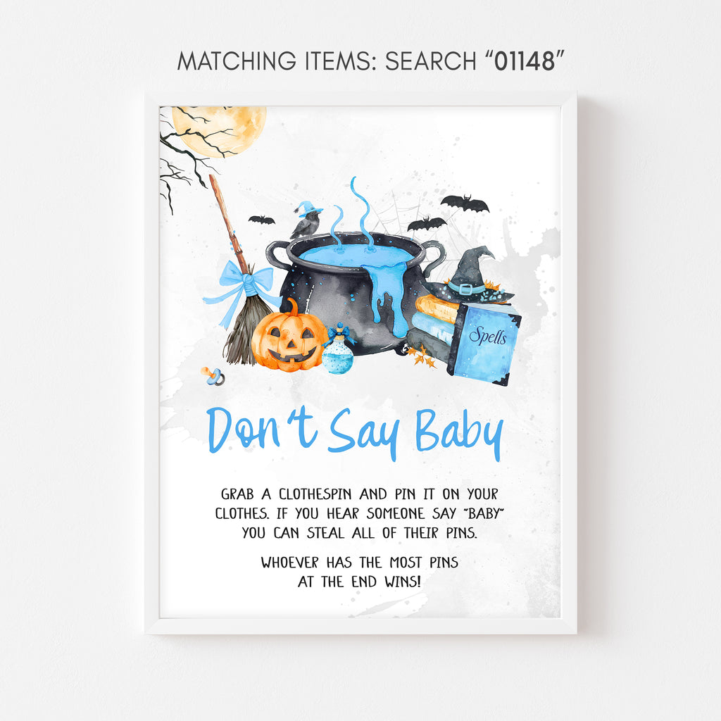Don’t say baby sign, blue Halloween baby shower pumpkin and cauldron party game sign