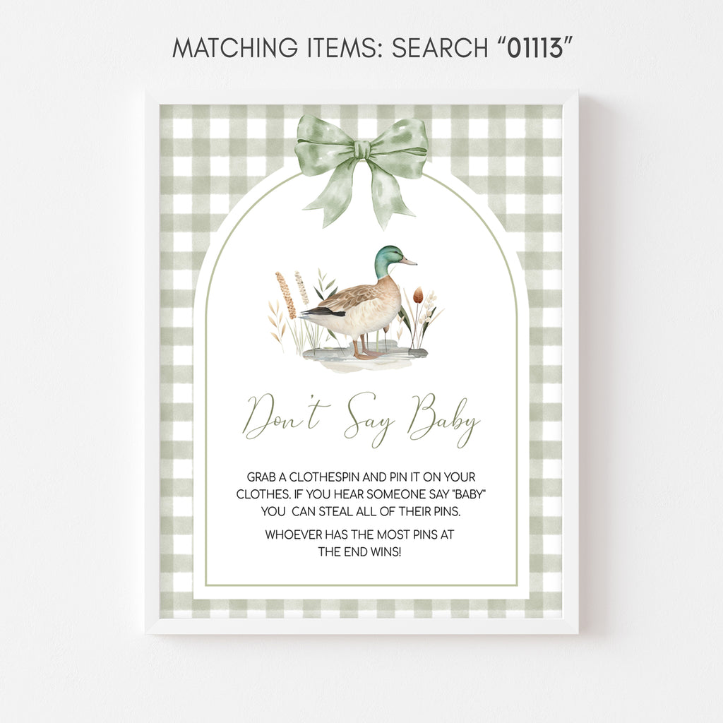 Rustic woodland duck baby shower don’t say baby game sign, sage green gingham