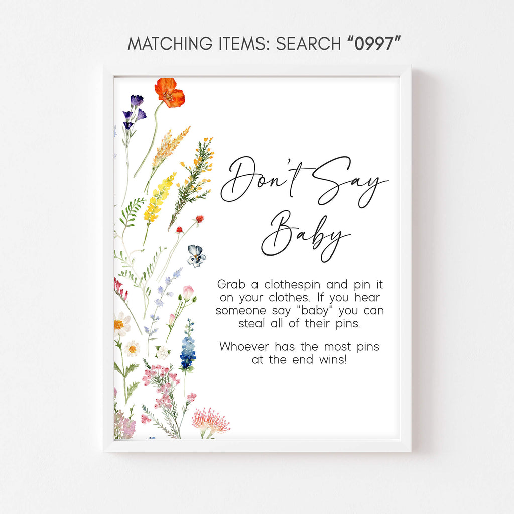 Spring wildflower don’t say baby game sign for baby girl shower activities