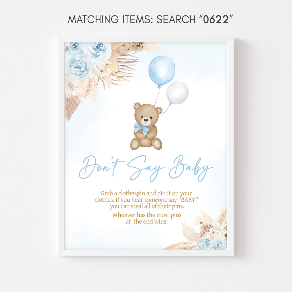Blue Boho Bear Baby Shower Don't Say Baby Sign