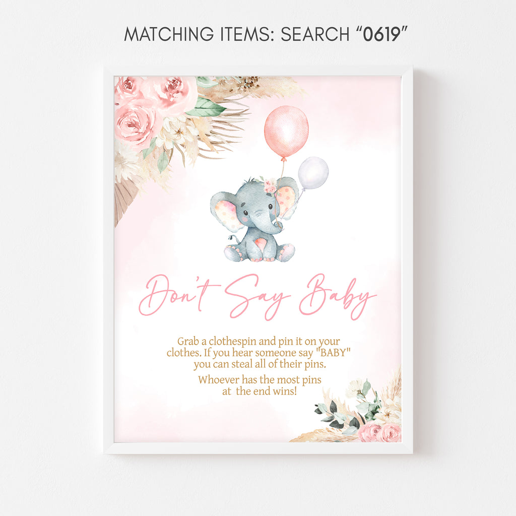Pink Boho Elephant Baby Shower Don't Say Baby Sign