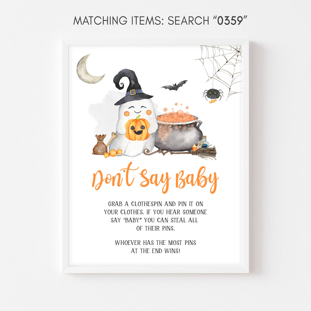 Halloween baby shower Don’t Say Baby game sign, ghost and pumpkin design for spooky fall parties