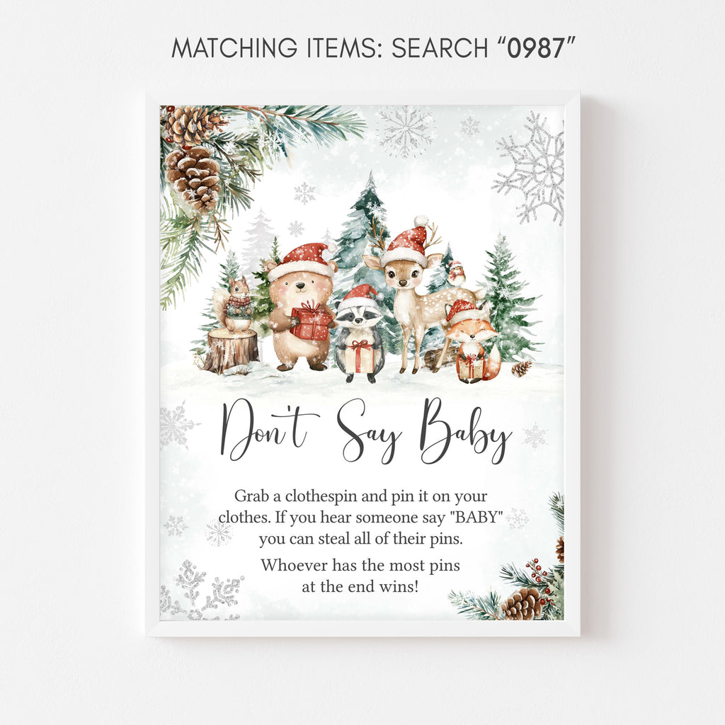 Woodland Christmas baby shower “Don’t Say Baby” game sign with rustic winter animals, neutral gender holiday baby shower game sign, woodland forest Christmas theme