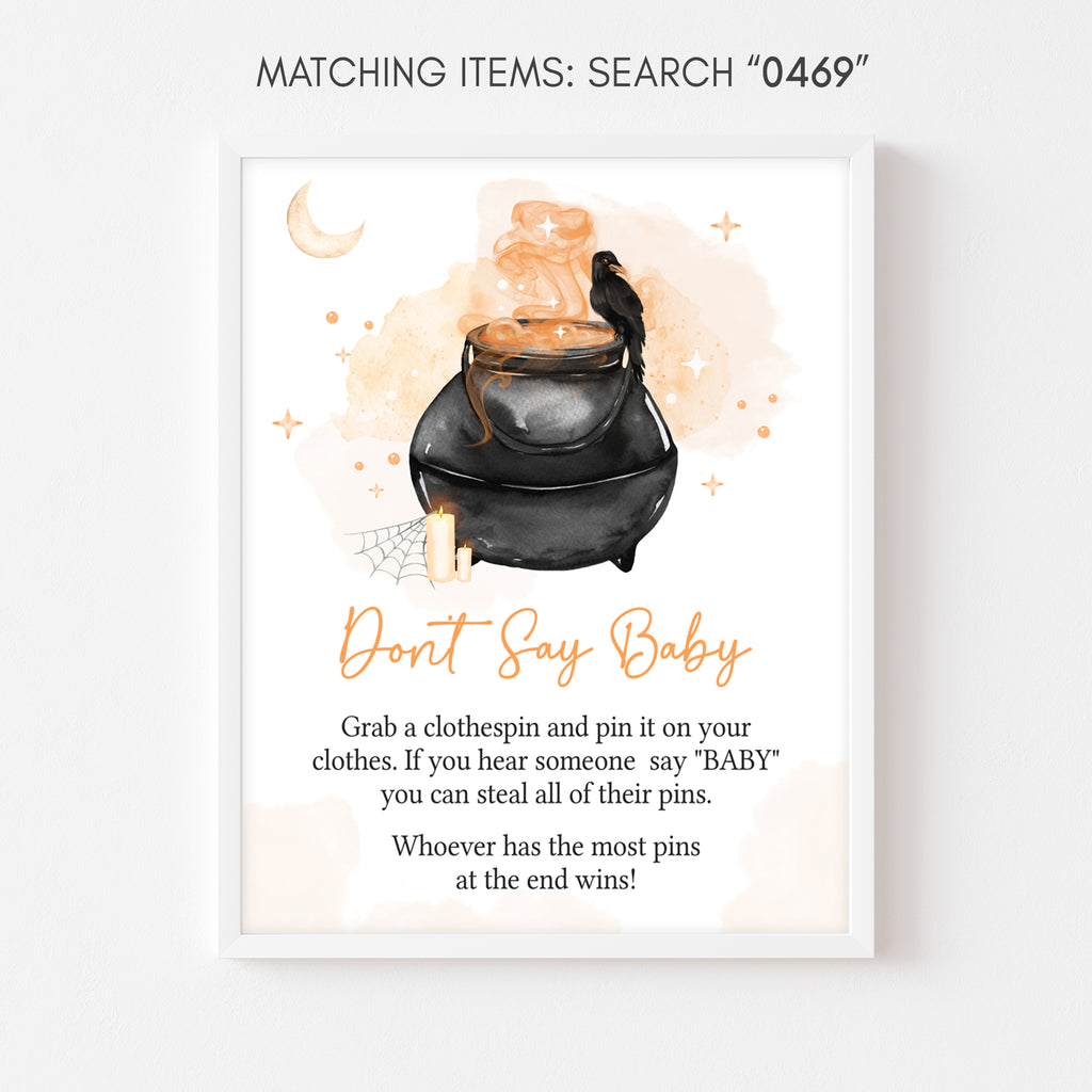 Don't Say Baby Halloween shower game sign – spooky witch cauldron theme for gender neutral party
