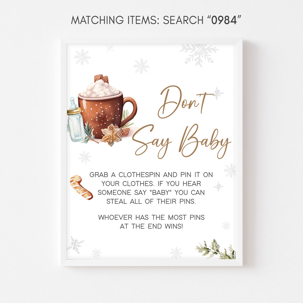 Snowflake winter baby shower game sign, “Don’t Say Baby,” neutral holiday theme design