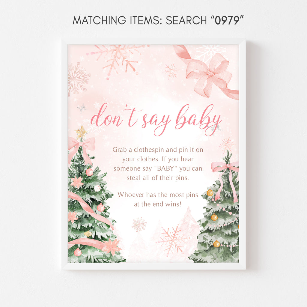 Printable pink winter baby shower don’t say baby game sign with festive snowflakes