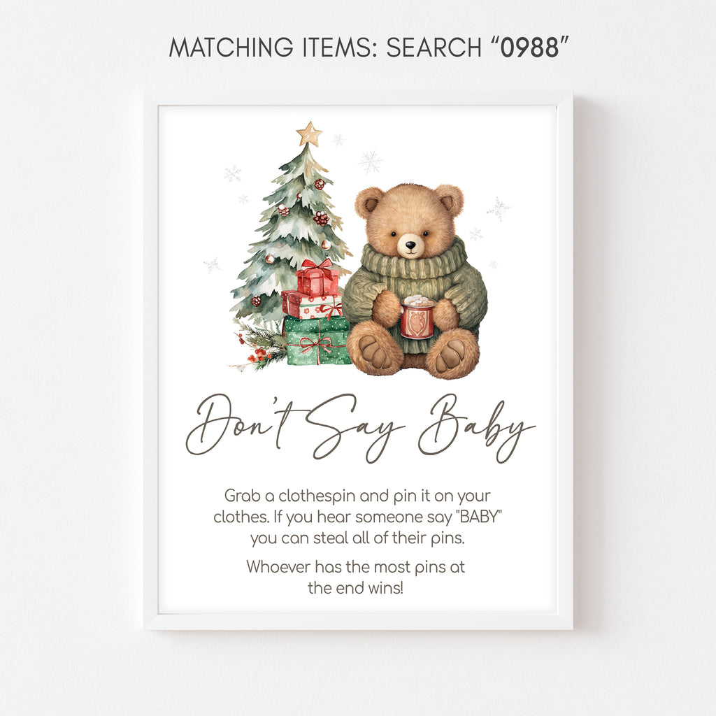 Holiday themed don’t say baby shower game sign with teddy bear and Christmas tree