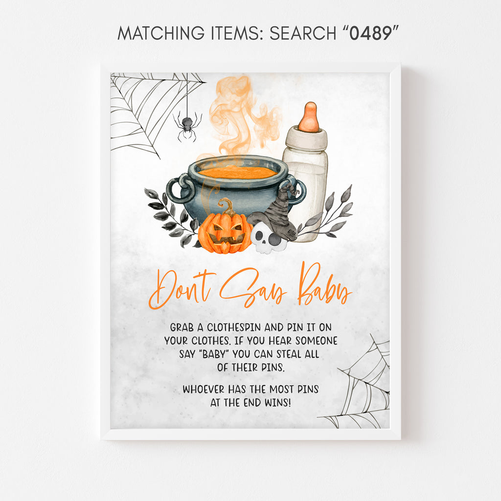 Spooky Halloween Don't Say Baby game sign for baby shower, pumpkin and cauldron design, printable