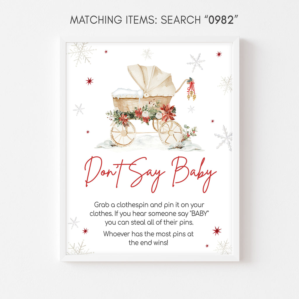 Holiday baby shower don’t say baby game sign, rustic Christmas party neutral decoration