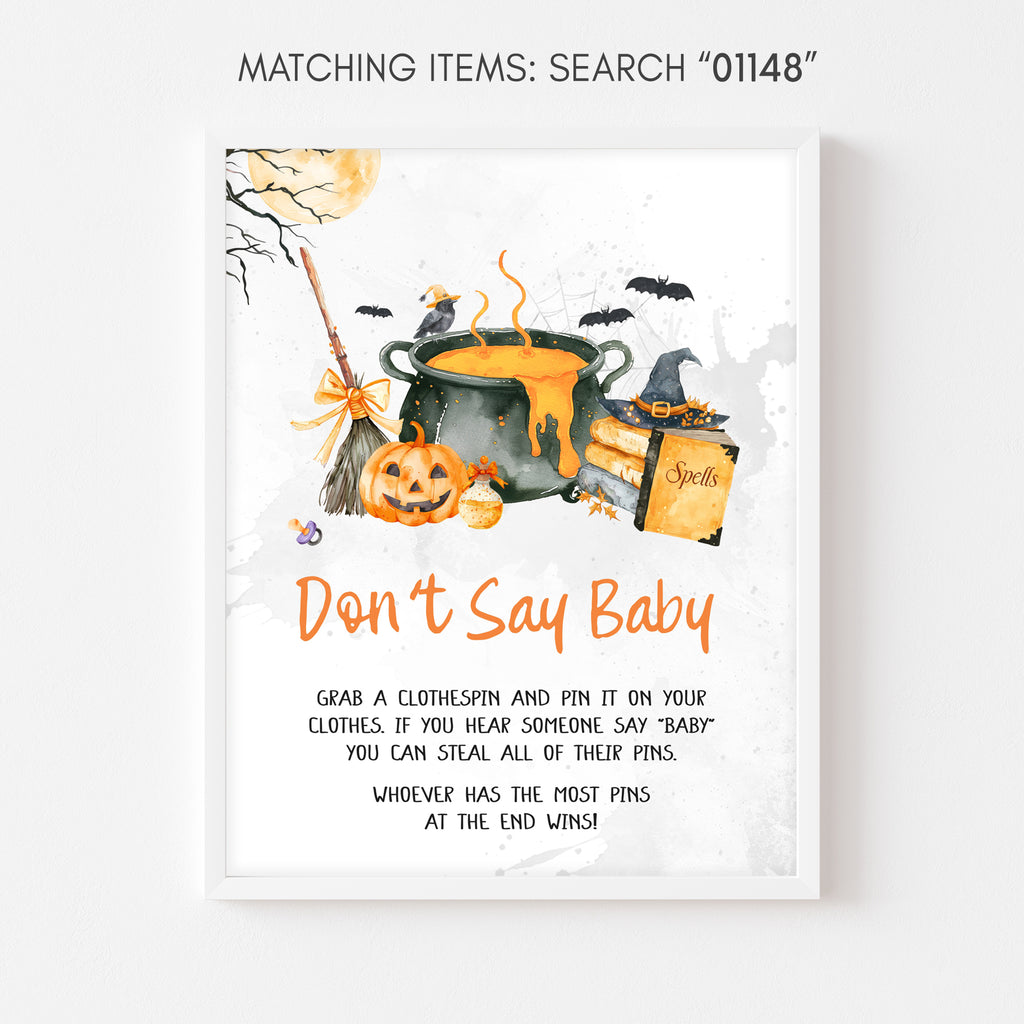 Don’t say baby sign, Halloween baby shower pumpkin and cauldron party game sign